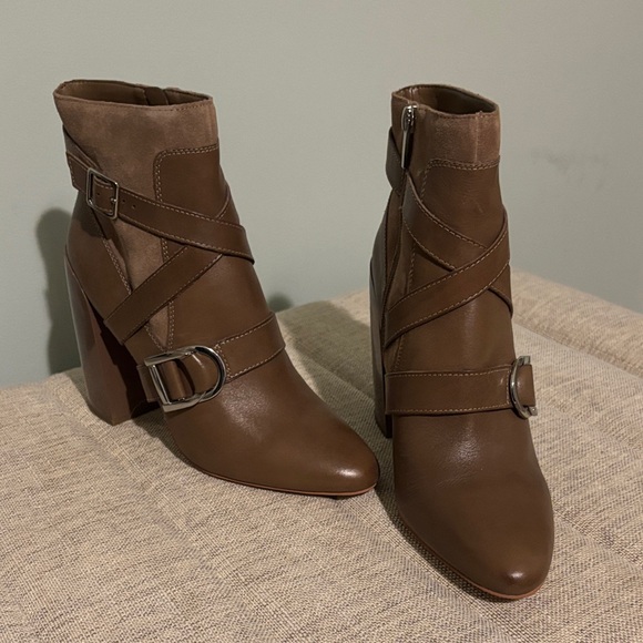 Vince Camuto Erillie Wild Mushroom Heeled Boots with Buckle Detail